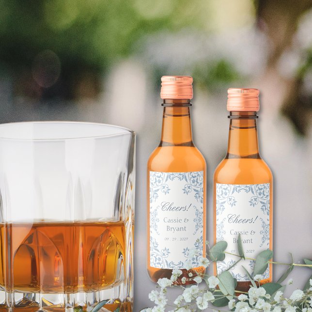 Elegante Boda azul y blanco (vintage elegant blue and white wedding liquor bottle labels for mini cocktails for bachelor party)