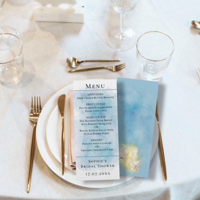 Elegante Boda blanca Doves Blue Menu Card (Subido por el creador)