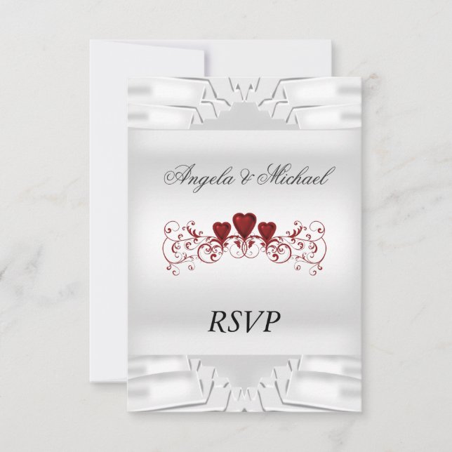 Elegante Boda Blanca RSVP Corazones Rojos (Anverso)