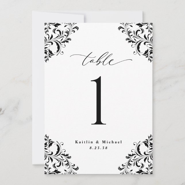 Elegante Boda blanco negro 5 x 7 tarjetas de númer (Anverso)