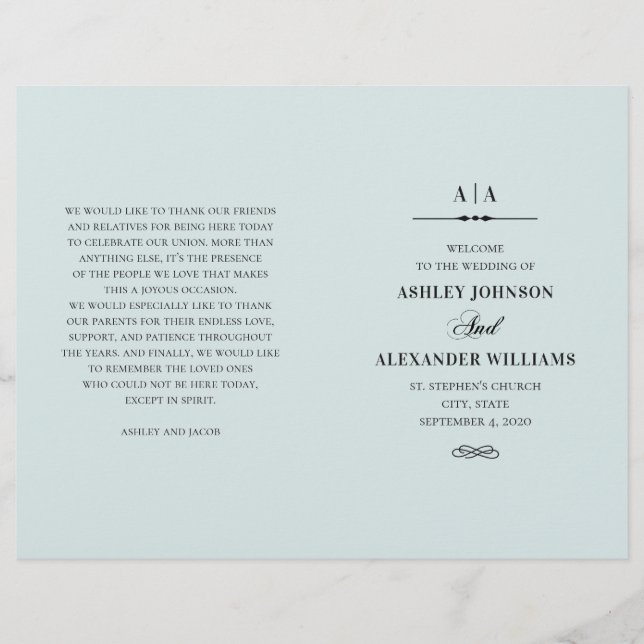 Elegante boda clásico. Programa azul plegado (Anverso)