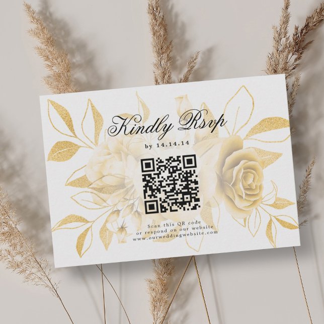 Elegante Boda Código QR RSVP Floral de oro (Elegant Wedding QR Code RSVP Gold Floral)