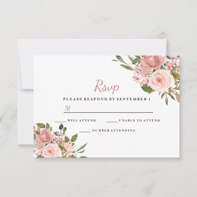 Elegante Boda con Floral de Oro Rosa y Rosa RSVP (Anverso)