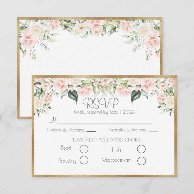 Elegante Boda con guión floral de oro RSVP (Anverso / Reverso)