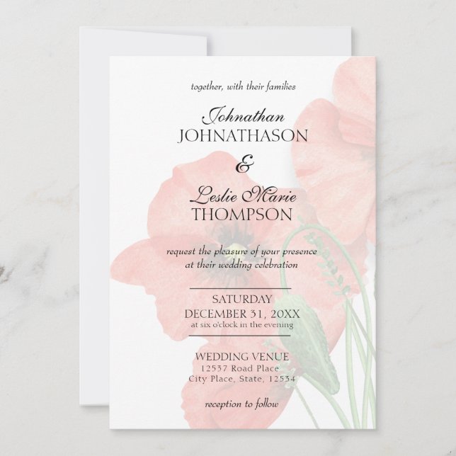 Elegante Boda de amapola floral Invitación blanca  (Anverso)