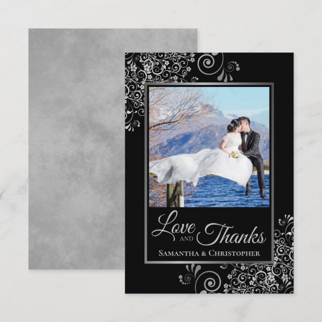 Elegante Boda de amor y agradecimiento negro y pla (Anverso / Reverso)