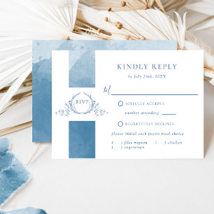 Elegante Boda de color azul Monograma Tarjeta RSVP