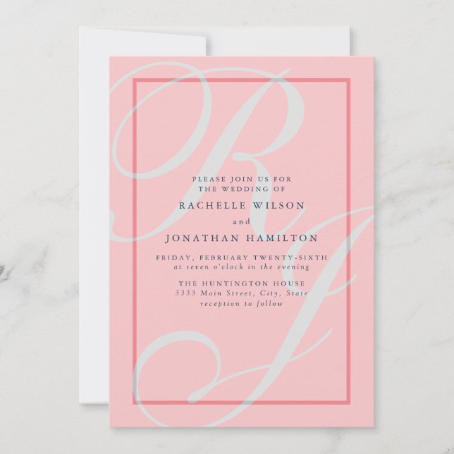 Elegante Boda de Coral Monograma Invitación (Anverso)