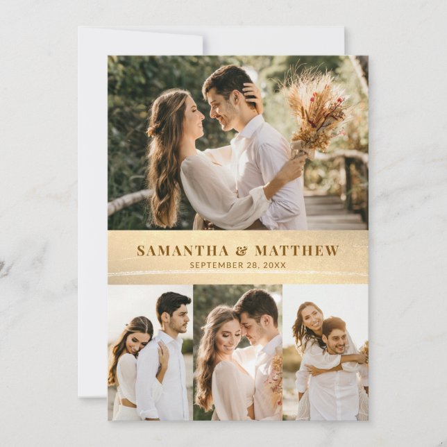 Elegante Boda de fotos de oro moderno 4 tarjeta de (Anverso)