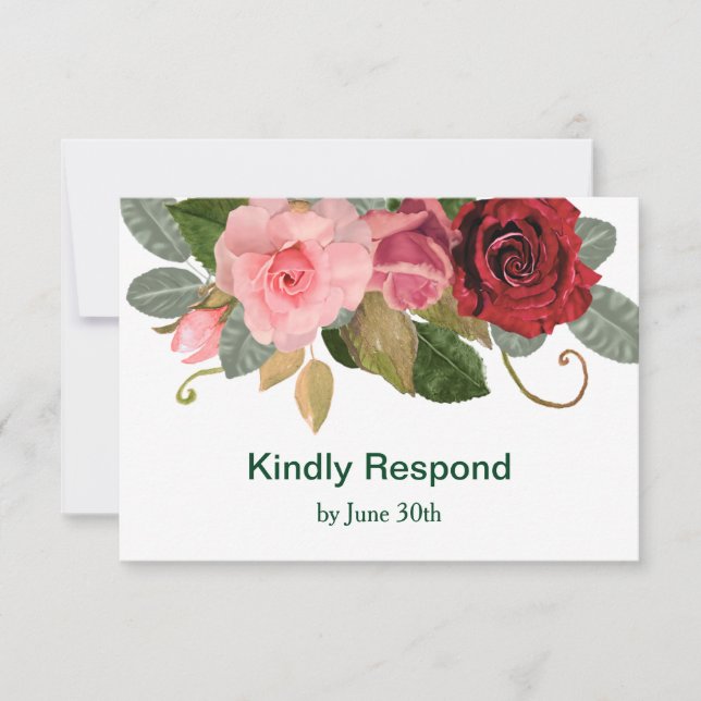 Elegante boda de frontera rosa y roja RSVP (Anverso)