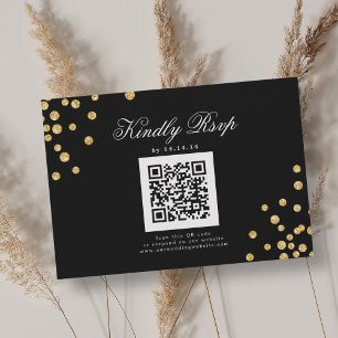 Elegante Boda de guión QR RSVP Gold Blac Confetti
