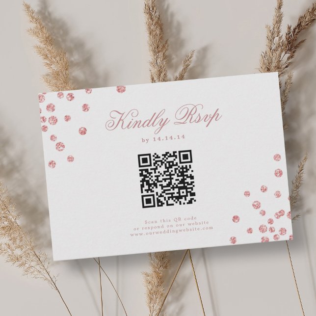 Elegante Boda de guión QR RSVP Rosa Gold Confetti (Elegant Script Wedding QR RSVP Rose Gold Confetti)