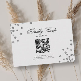 Elegante Boda de guión QR RSVP Silver Confetti