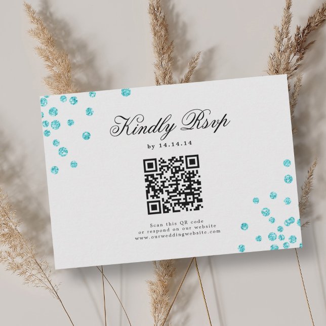 Elegante Boda de guión QR RSVP Turquoise Confetti (Elegant Script Wedding QR RSVP Turquoise Confetti )