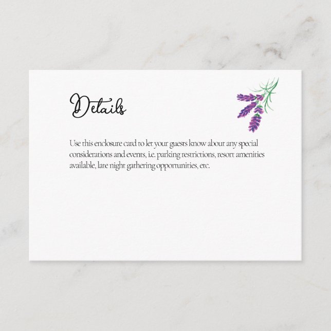 Elegante Boda de Lavanda Tarjeta de gabinete para  (Anverso)