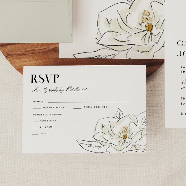 Elegante boda de Magnolia Blanca Ilustracion RSVP (Elegant white magnolia illustration wedding RSVP card.)