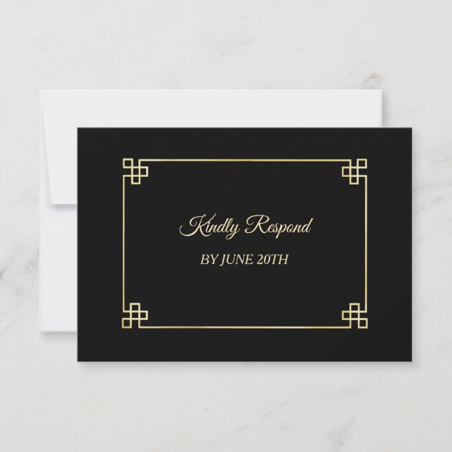 Elegante Boda de marco dorado negro RSVP (Anverso)