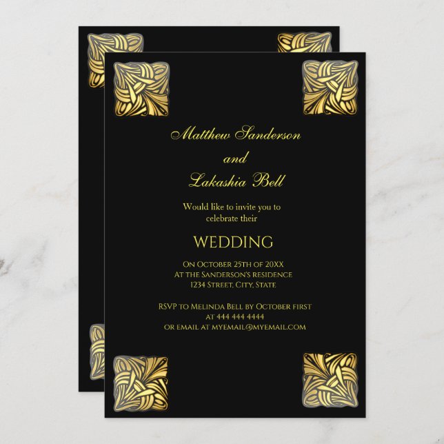 Elegante Boda de oro negro Invitación (Anverso / Reverso)