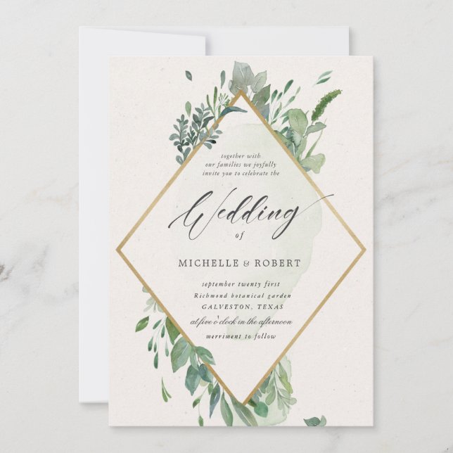 elegante boda de oro verde invitación (Anverso)