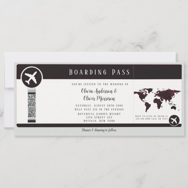 Elegante Boda de tarjetas de embarque de Mapa de B (Anverso)