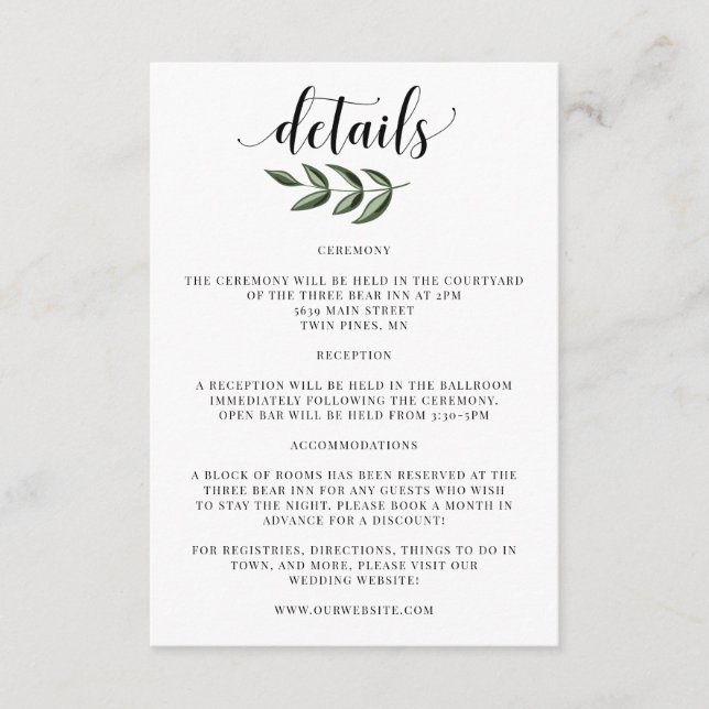 Elegante Boda de verde detalles Invitación Inserta (Anverso)