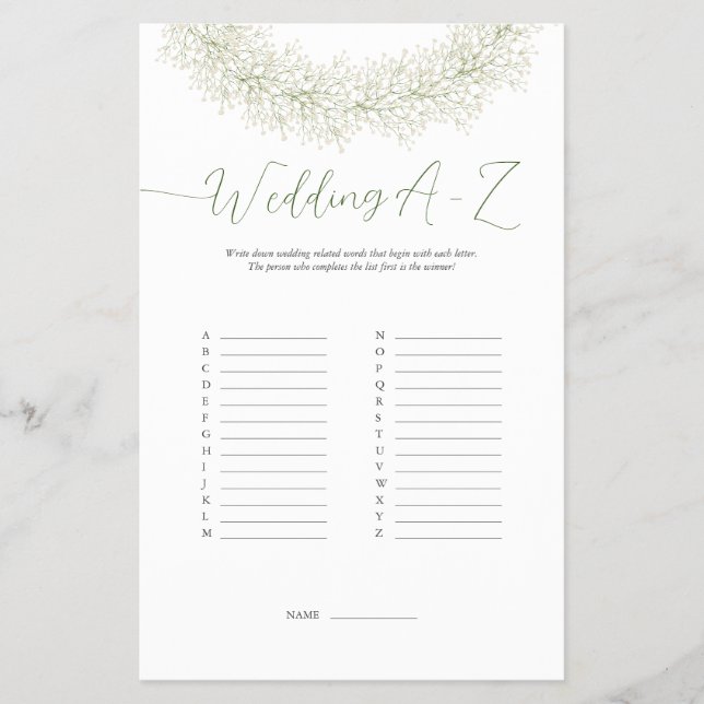 Elegante Boda de Wreath Winter A-Z Game Flyer (Frente)