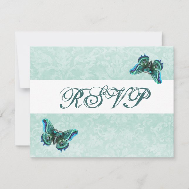 Elegante Boda del RSVP de Aqua Damask Butterflies (Anverso)