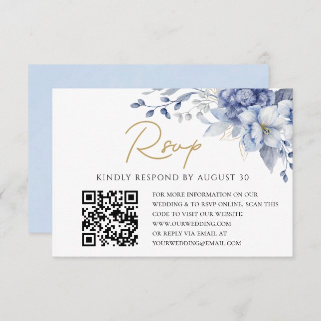 Elegante Boda dorado Dusty Blue código QR RSVP (Anverso / Reverso)