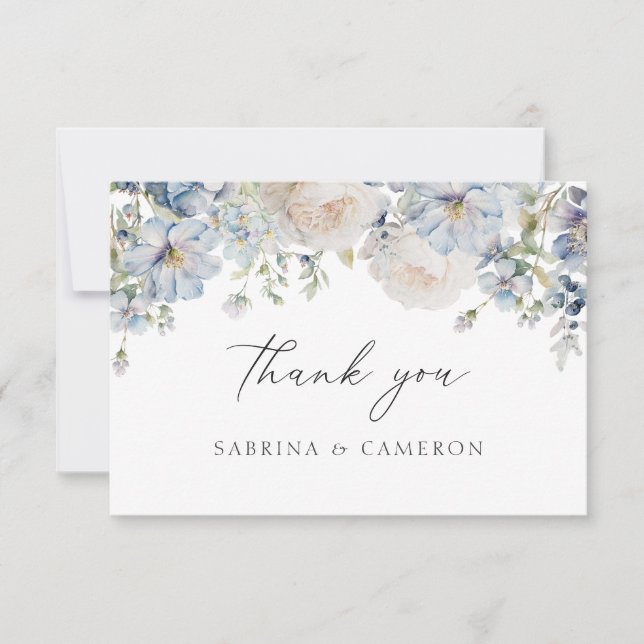 Elegante Boda Dusty Blue Floral Gracias Tarjeta (Anverso)