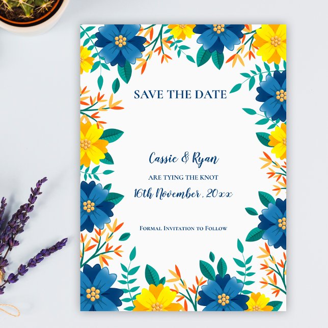 Elegante boda floral amarilla azul salva la fecha (Elegant Blue Yellow Floral Wedding Save the Date)