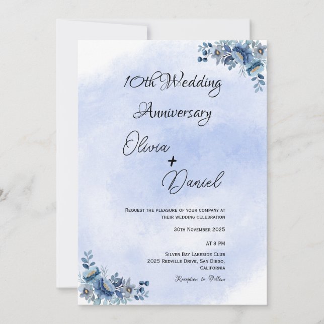 Elegante Boda Floral Azul Invitación al aniversari (Anverso)