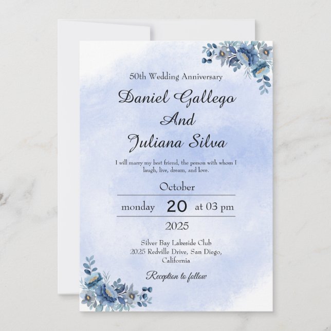 Elegante Boda Floral Azul Invitación al aniversari (Anverso)