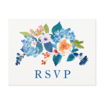 Elegante Boda Floral Azul Peach Invitación RSVP