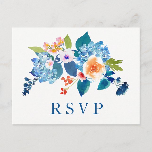 Elegante Boda Floral Azul Peach Invitación RSVP (Anverso)