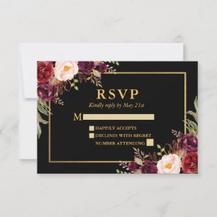 Elegante Boda floral borgoña Black Gold RSVP