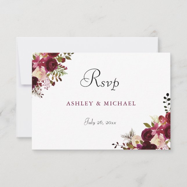 Elegante Boda Floral Borgoña RSVP (Anverso)