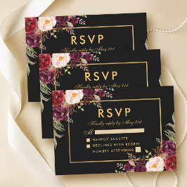 Elegante Boda Floral Borgoña RSVP Oro Negro