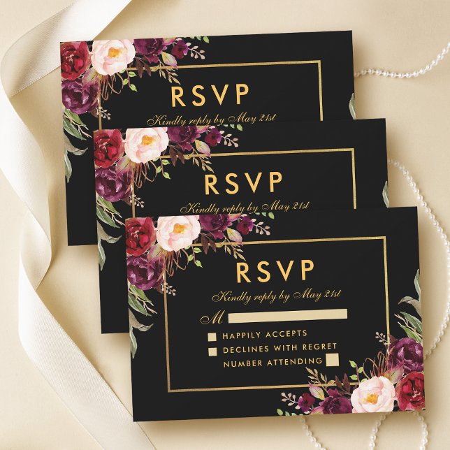 Elegante Boda Floral Borgoña RSVP Oro Negro (Customize to change text size, text style or color.)