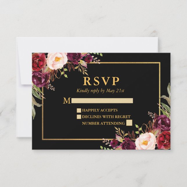 Elegante Boda floral borgoñona Black Gold RSVP (Anverso)