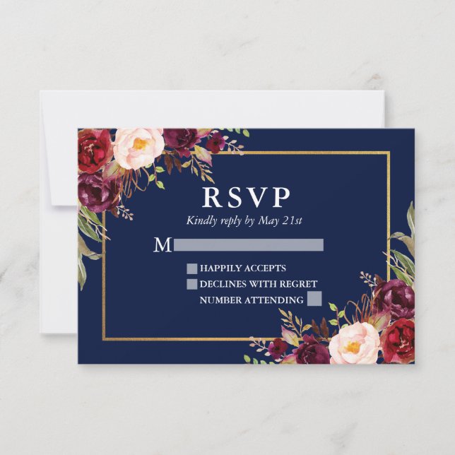 Elegante Boda floral borgoñona Blue Gold RSVP (Anverso)