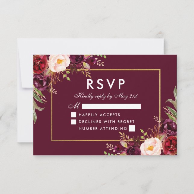 Elegante Boda floral Burgundy Gold RSVP (Anverso)