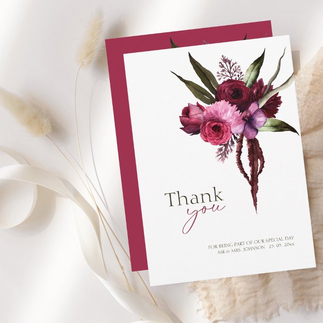 Elegante Boda floral de Borgoña Tarjeta de agradec (Elegant Burgundy Floral Wedding Thank You Card)