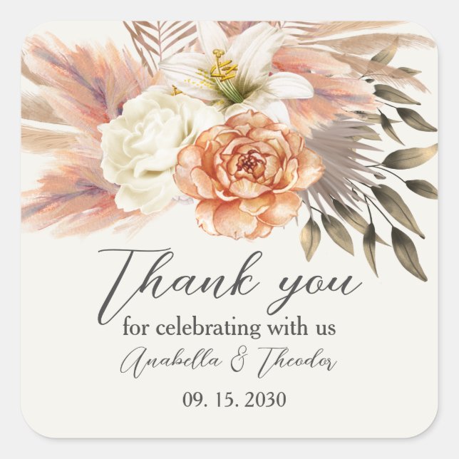 Elegante Boda Floral De Peach Gracias Pegatina (Anverso)
