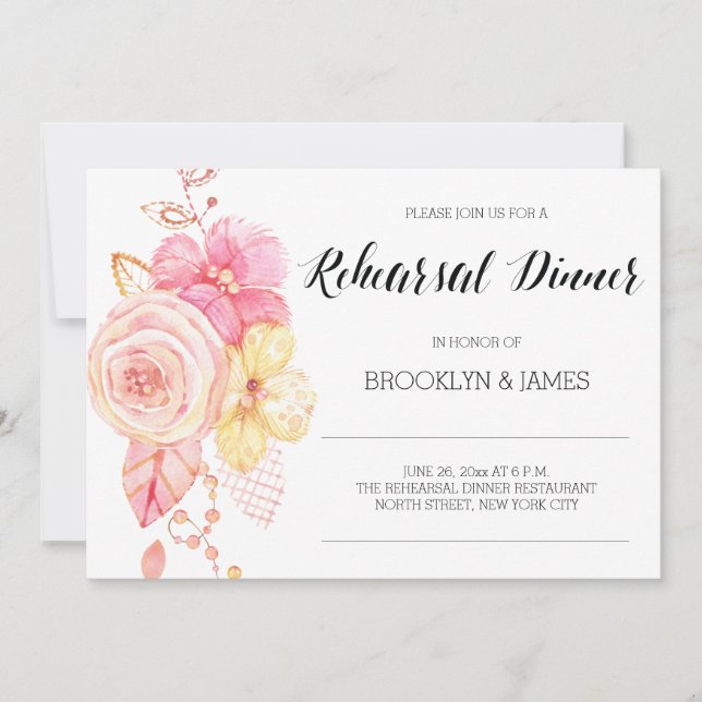 Elegante Boda Floral Ensayo Perlas de Invitación (Anverso)