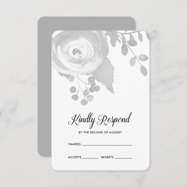 Elegante Boda Floral Gris RSVP (Anverso / Reverso)