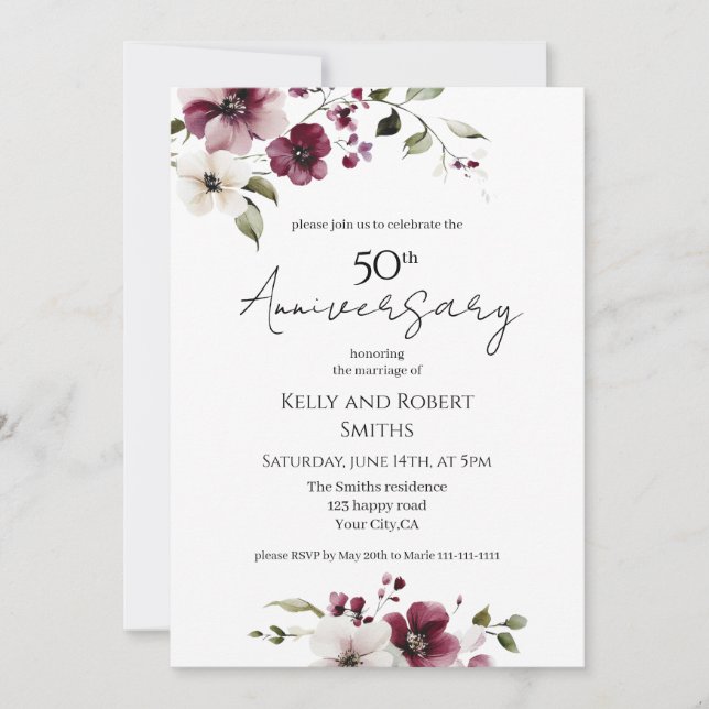 Elegante Boda floral invitación al aniversario (Anverso)