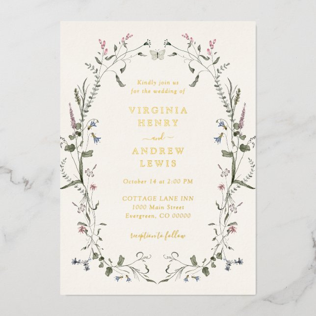 Elegante Boda floral Invitación al Relieve metaliz (Anverso)