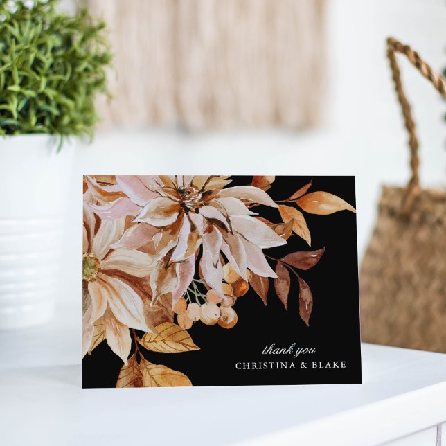 Elegante Boda floral negro otoñal Gracias (Elegant Autumn Black Watercolor Floral Wedding Thank You Card)