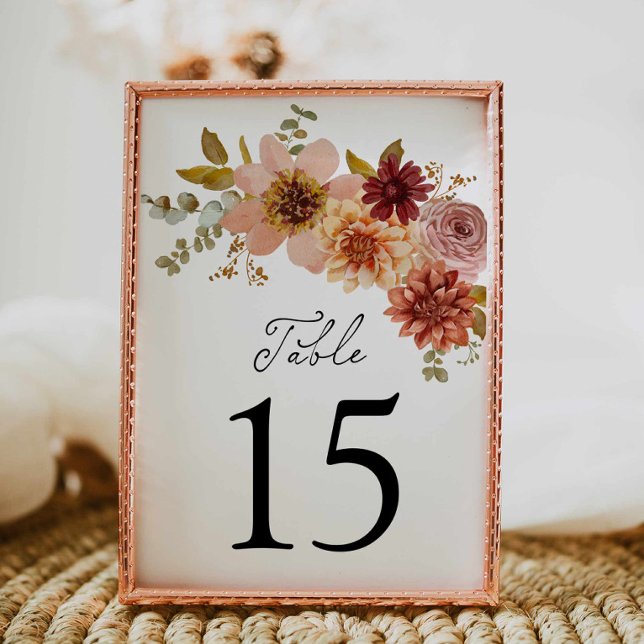 Elegante Boda floral otoño número de mesa Rótulo (Fall Autumn Floral Rustic Wedding Table Number Card)