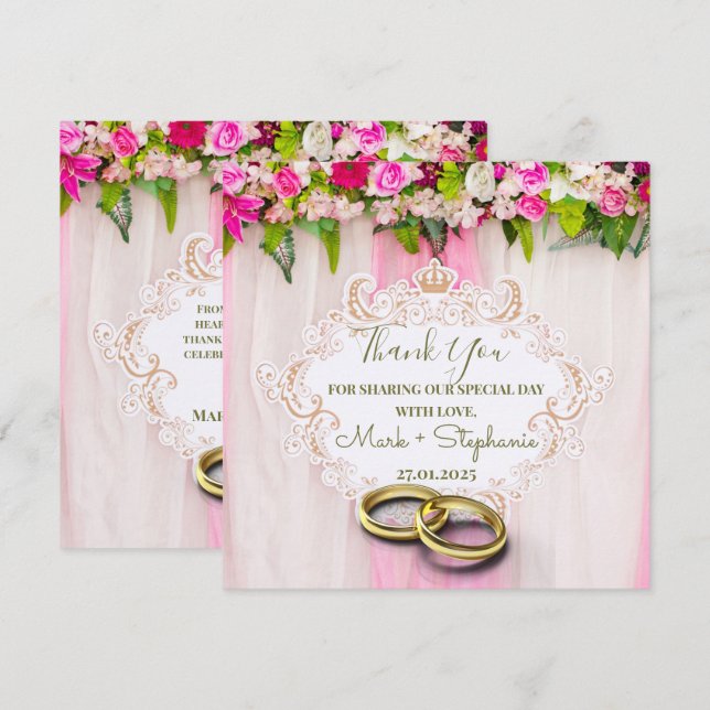 Elegante Boda floral rosa brillante tarjeta de agr (Anverso / Reverso)